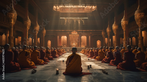 A serene Buddhist temple with monks engaged in prayer and contemplation Generative AI