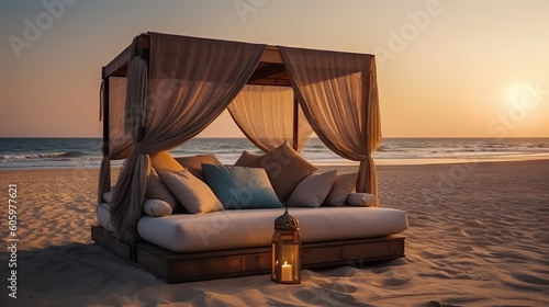 Sunset on the beach with a bed and pillows on the sand. Generative AI.