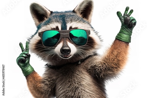 Funny raccoon in green sunglasses showing a rock gesture isolated on white background, hyperrealism, photorealism, photorealistic