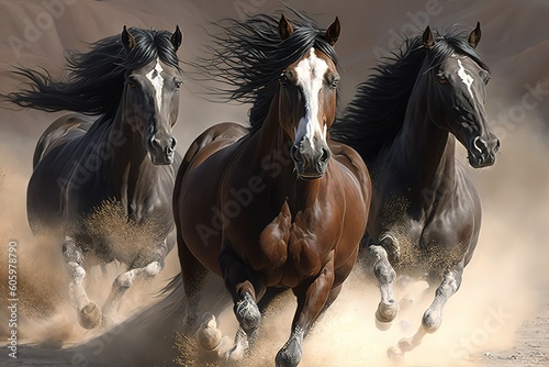 Horses with long mane portrait run gallop in desert dust, hyperrealism, photorealism, photorealistic