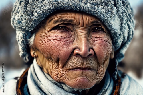 Senior inuit elderly woman at winter in snow. Ai generative