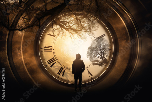 Abstract concept of time passing by. Human silhouette and old clock representing past time. Turn back time concept. Melancholic mood. Generative AI