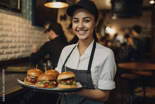 Happy latin waitress holding burgers at restaurant. Generative AI.