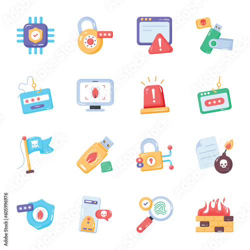 Set of Data Encryption Flat Icons 