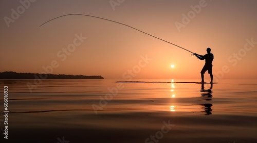Silhouette of a fisherman casting the line, captured against a soft-hued sunset sky, Generative AI