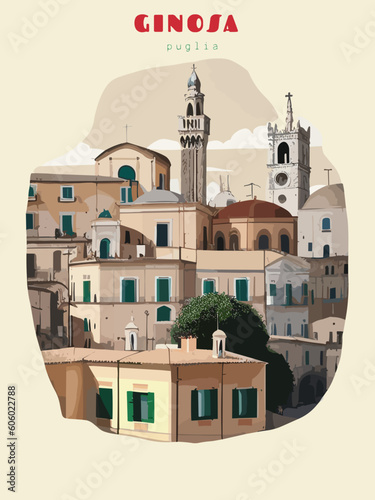 Ginosa: Beautiful vintage-styled poster of with a city and the name Ginosa in Puglia