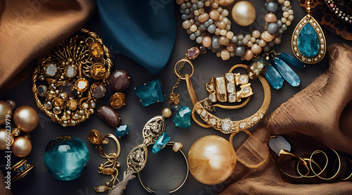 Fictional expensive jewelry laying on a table created with Generativ Ai technology