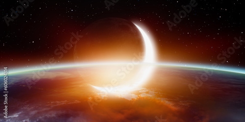 Planet Earth with spectacular sunset, crescent moon in the background "Elements of this image furnished by NASA"