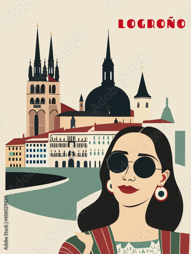 Logroño: Beautiful vintage-styled poster with a woman and the name Logroño in La Rioja