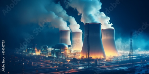 Cooling towers of nuclear power plant producing electrical energy with large pipes, concept of ecology and climate change, sustainability goals