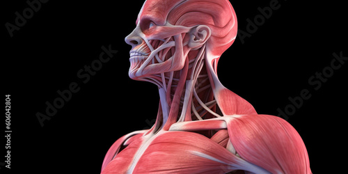 Human anatomy of male, skeletal and muscular structure without skin, close up for medical and fitness purposes, chest and torso