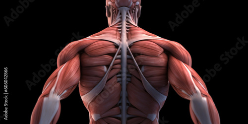 Human anatomy of male, skeletal and muscular structure without skin, close up for medical and fitness purposes, back muscles