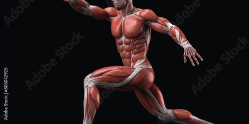 Human anatomy of male, skeletal and muscular structure without skin, close up for medical and fitness purposes