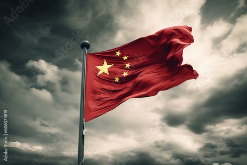 曇り空をバックに風にはためく中国の国旗：AI作品 