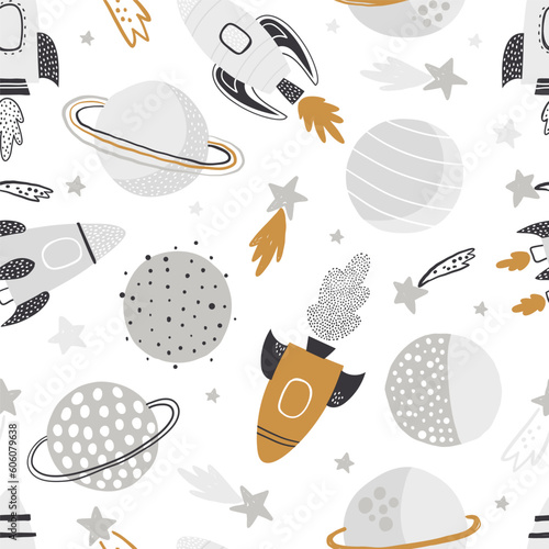 Seamless vector pattern with cute planets, stars, constellations, rockets, spaceships. Space. Saturn, Moon. Creative kids texture for fabric, wrapping, textile, wallpaper. Hand drawn space elements.
