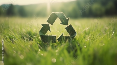 Recycle symbol on the green grass, sustainable and eco environment concept. Generative AI