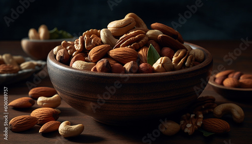 Healthy nuts in a rustic wooden bowl generated by AI
