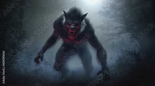 Sinister werewolf with red eyes in gloomy night forest shrouded in mist, full body portrait of scary wolf shifter grin in ominous dark woods ready for attack victim, generative AI
