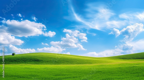 Green Hills Meadows Under Blue Sky White Clouds Panorama. AI generative