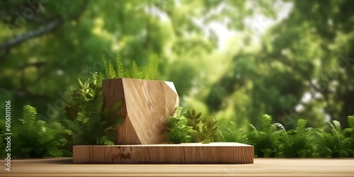 wooden podium in tropical forest for product generative ai