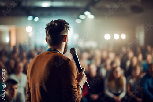 Motivational speaker with microphone performing on stage, in background people sitting in hal. Digital ai art 