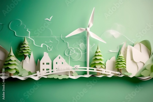 Paper art, renewable energy with green energy such as wind turbines, Renewable energy by 2050 Carbon neutral energy, Energy consumption, and CO2, Reduce CO2 emission concept