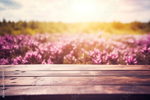 Wooden Board With Erica Flower Field As Background