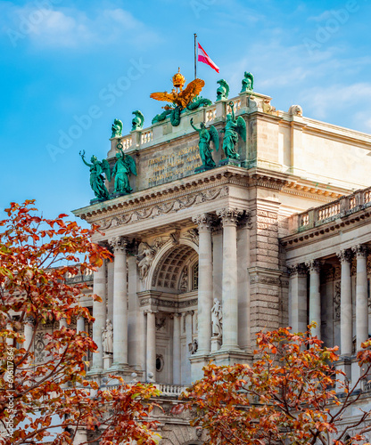 Hofburg palace on Heldenplatz square in Vienna, Austria (inscription "New palace to Franz Joseph I of Germans, 1732 A.D. 1908")