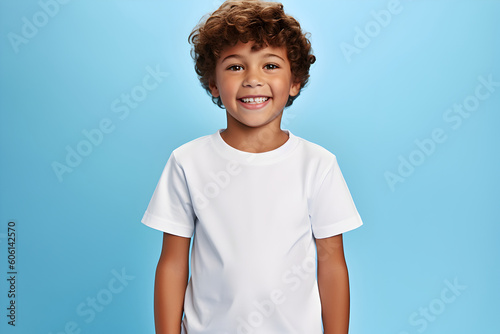 Male child, boy wearing bella canvas white shirt mockup, at blue background. Design tshirt template, print presentation mock-up. AI generated.