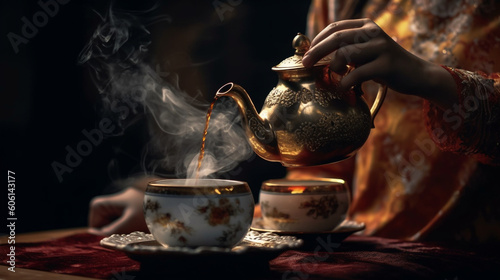 A contemplative moment as tea is poured into a cup, capturing the steam Generative AI