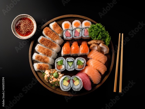 Set of sushi rolls served on table. Top view. Black background.