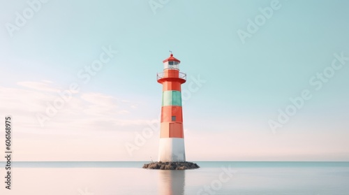 A lighthouse in a body of water with a blue sky in the background.AI Generative AI