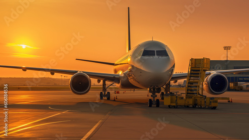 Airplane at the terminal gate ready for takeoff - Modern international airport during sunset - Concept of emotional travel around the world