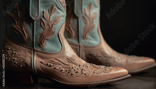 Shiny leather cowboy boots, spur, old fashioned elegance generated by AI
