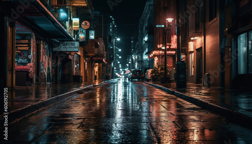Illuminated city skyline, wet streets, blurred motion generated by AI