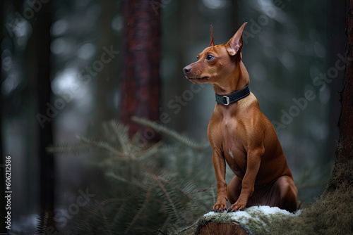 Red miniature pinscher in the winter forest, sitting on a log. Generative AI.
