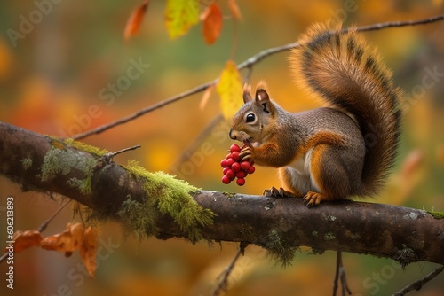 AI Generated Image of a playful squirrel nibbling on berries, perched on a tree branch overlooking a forest in fall colors