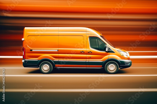 Delivery van in motion. Delivery car in its way. Cargo van driving. Blurred city streets in background. Generative AI
