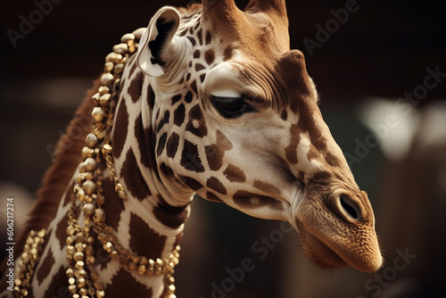 a giraffe wearing a necklace