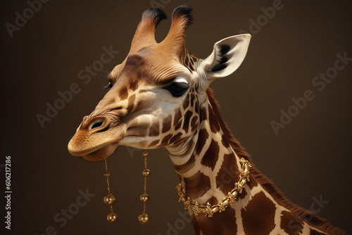 a giraffe wearing a necklace