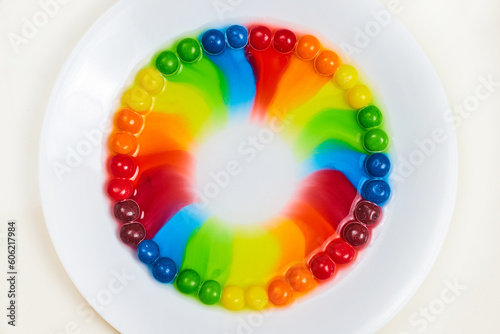 Top down view of rainbow skittles candy on white plate with tie die circle