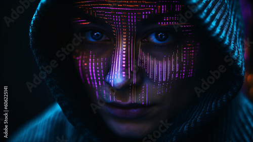 A woman in a hooded jacket with a hoodie and digital patterns over his face Generative Ai