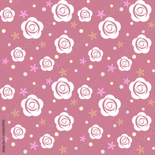 In this seamless pattern, small and large graphic white roses are decorated with small flowers and circular dots placed on a pink background. Make it looks beautiful and attractive.