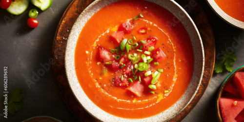 food photography of gazpacho in top view. Generative AI