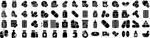 Set Of Drugs Icons Isolated Silhouette Solid Icon With Medical, Drug, Pharmaceutical, Medicine, Pharmacy, Pill, Health Infographic Simple Vector Illustration Logo