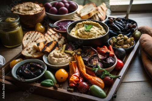 platter of vegan tapas, featuring grilled veggies, hummus, and olives, created with generative ai