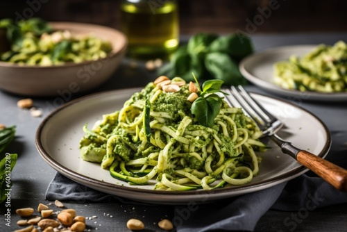 plate of zucchini pasta with creamy pesto and pine nuts, created with generative ai