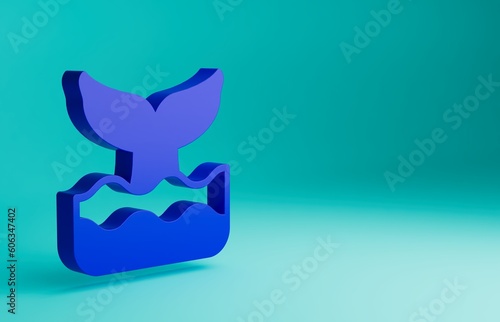 Blue Whale tail in ocean wave icon isolated on blue background. Minimalism concept. 3D render illustration