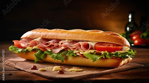 Submarine sandwich with ham, cheese, lettuce, tomatoes,onion, mortadella and sausage on wooden table. Generative Ai