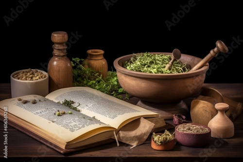 Mortar and pestle with pharmaceutical preparations's book and herbs on a wooden pharmacist table traditional medicine and pharmacy concept